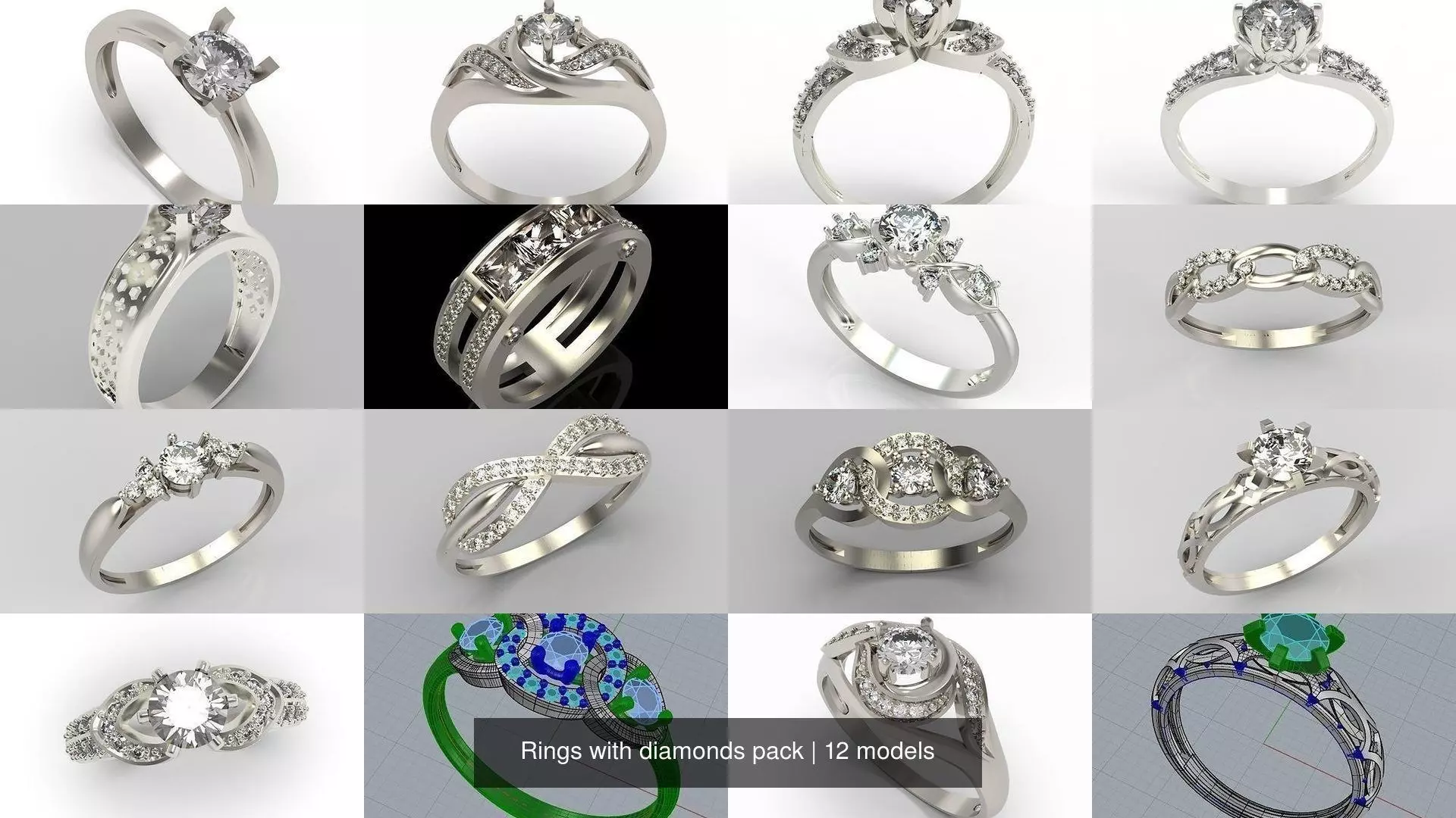 12 Women Rings with diamonds pack 3dm stl 3D print model 3D Model Collection_0