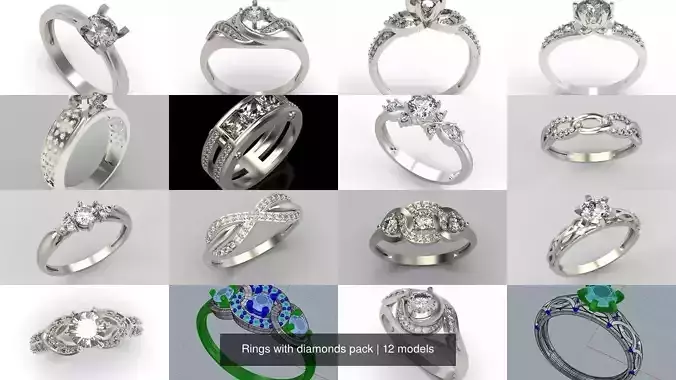 12 Women Rings with diamonds pack 3dm stl 3D print model 3D Model Collection