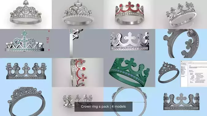 4 Crown ring s pack 3D Model Collection
