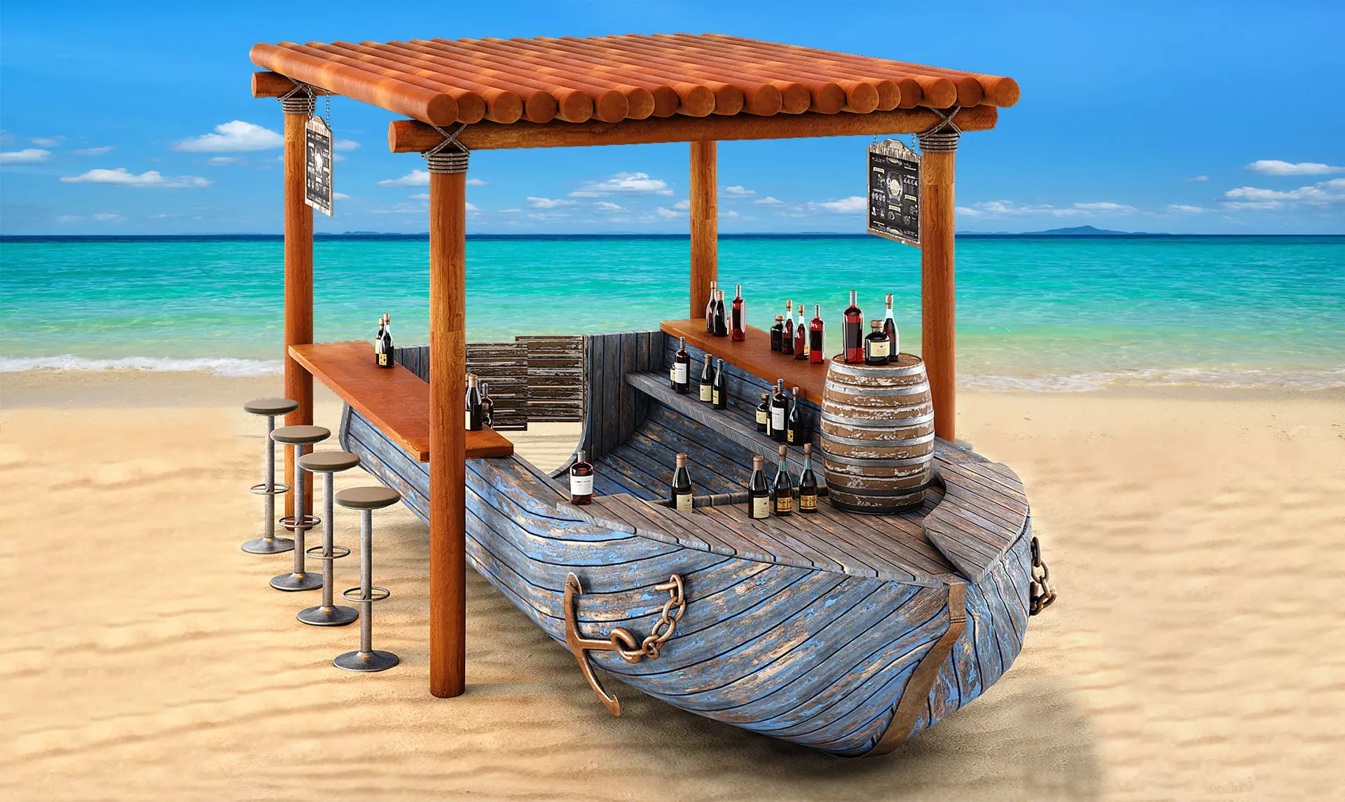 Rusty boat Vessel ship bar restaurant beach 3D model_0