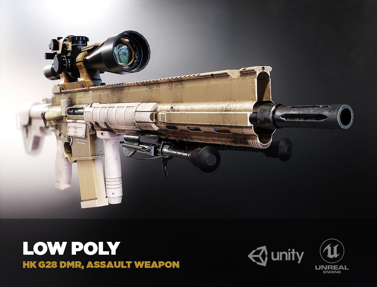 HK G28 DMR Assault Rifle with a scope PBR Game Ready model VR-AR Low-poly 3D model_3