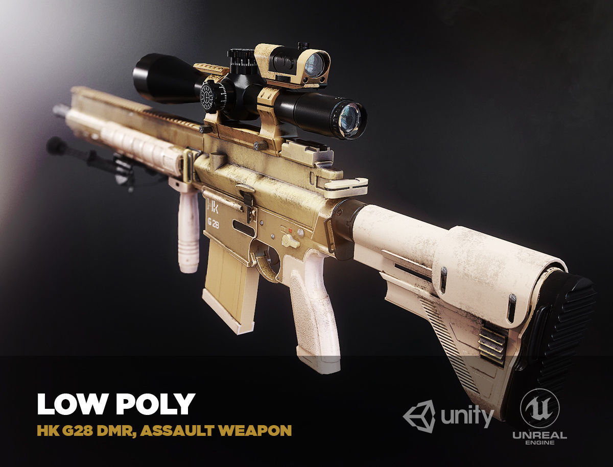 HK G28 DMR Assault Rifle with a scope PBR Game Ready model VR-AR Low-poly 3D model_7