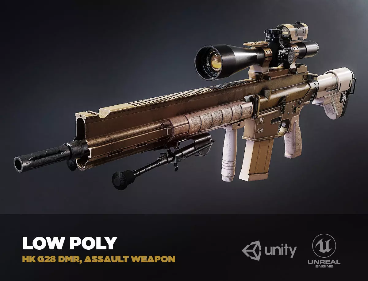 HK G28 DMR Assault Rifle with a scope PBR Game Ready model VR-AR Low-poly 3D model_0