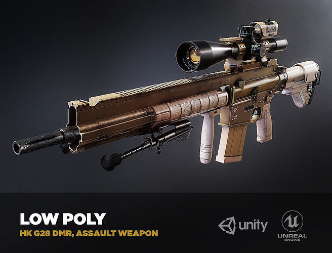 HK G28 DMR Assault Rifle with a scope PBR Game Ready model VR-AR Low-poly 3D model