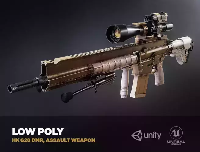 HK G28 DMR Assault Rifle with a scope PBR Game Ready model VR-AR Low-poly 3D model