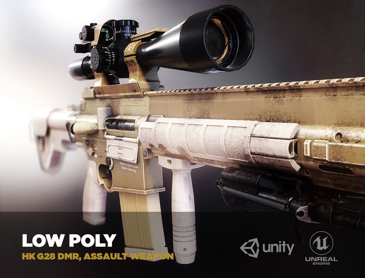 HK G28 DMR Assault Rifle with a scope PBR Game Ready model VR-AR Low-poly 3D model_10