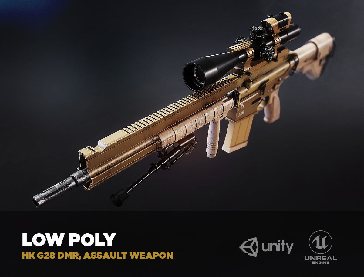 HK G28 DMR Assault Rifle with a scope PBR Game Ready model VR-AR Low-poly 3D model_5