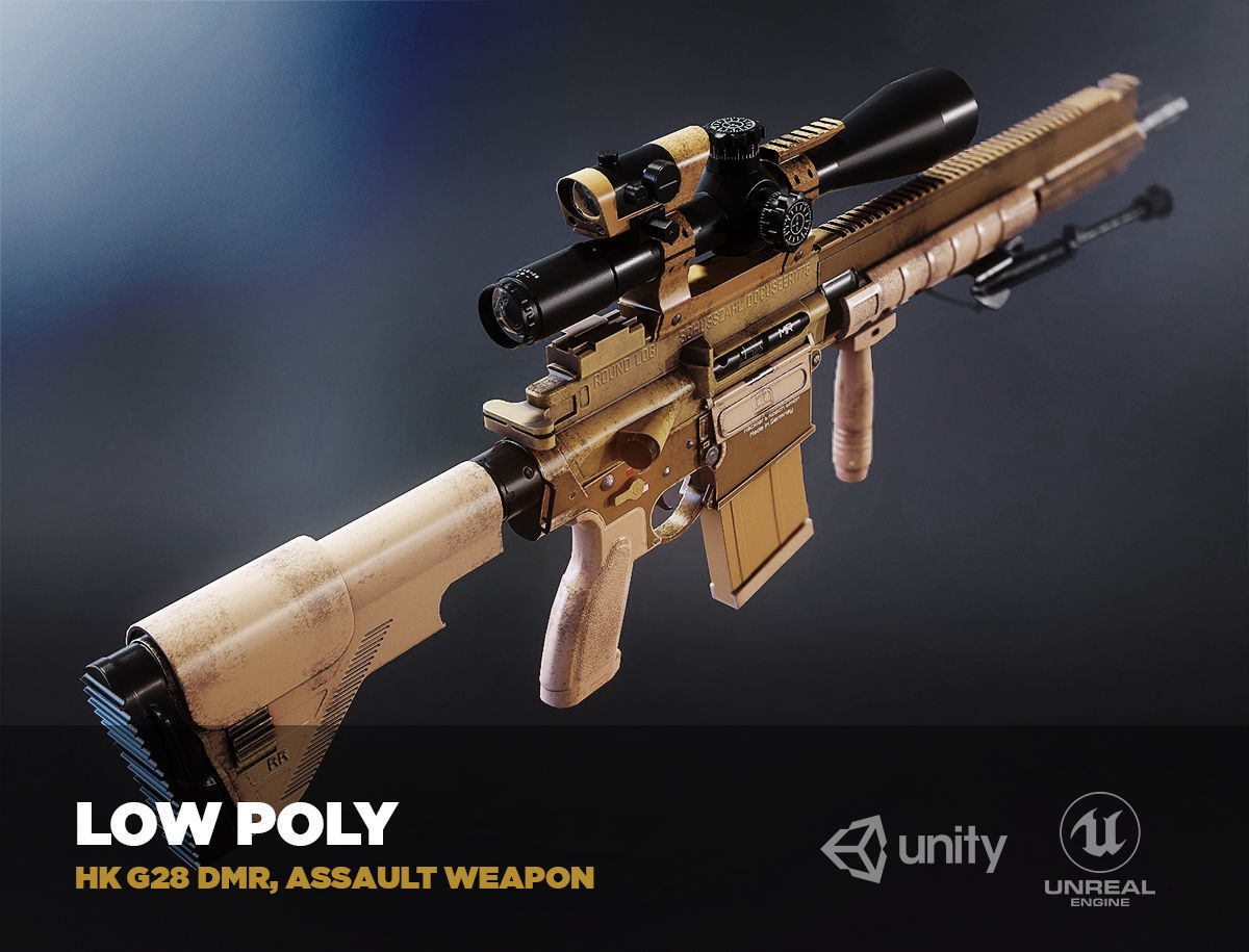 HK G28 DMR Assault Rifle with a scope PBR Game Ready model VR-AR Low-poly 3D model_9