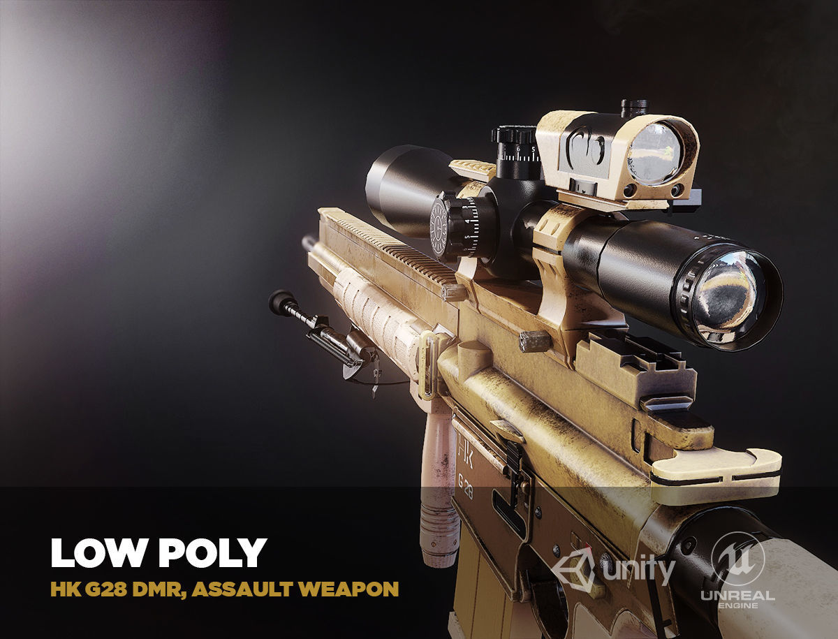 HK G28 DMR Assault Rifle with a scope PBR Game Ready model VR-AR Low-poly 3D model_2