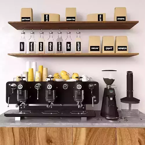 Coffee set shop with shelves and machines 3D model