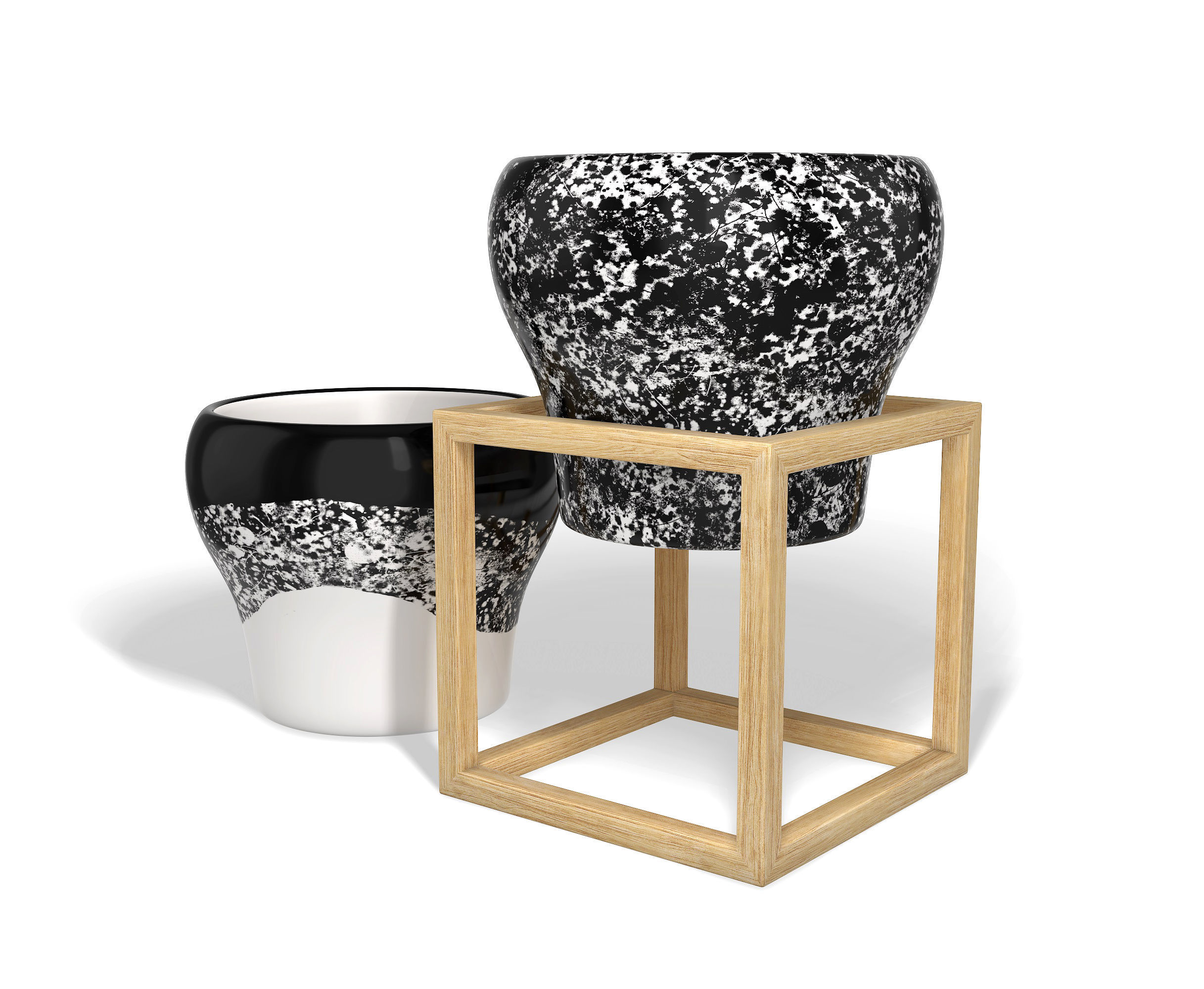 Flower Pot with a Wood Cube Frame 3D model_2