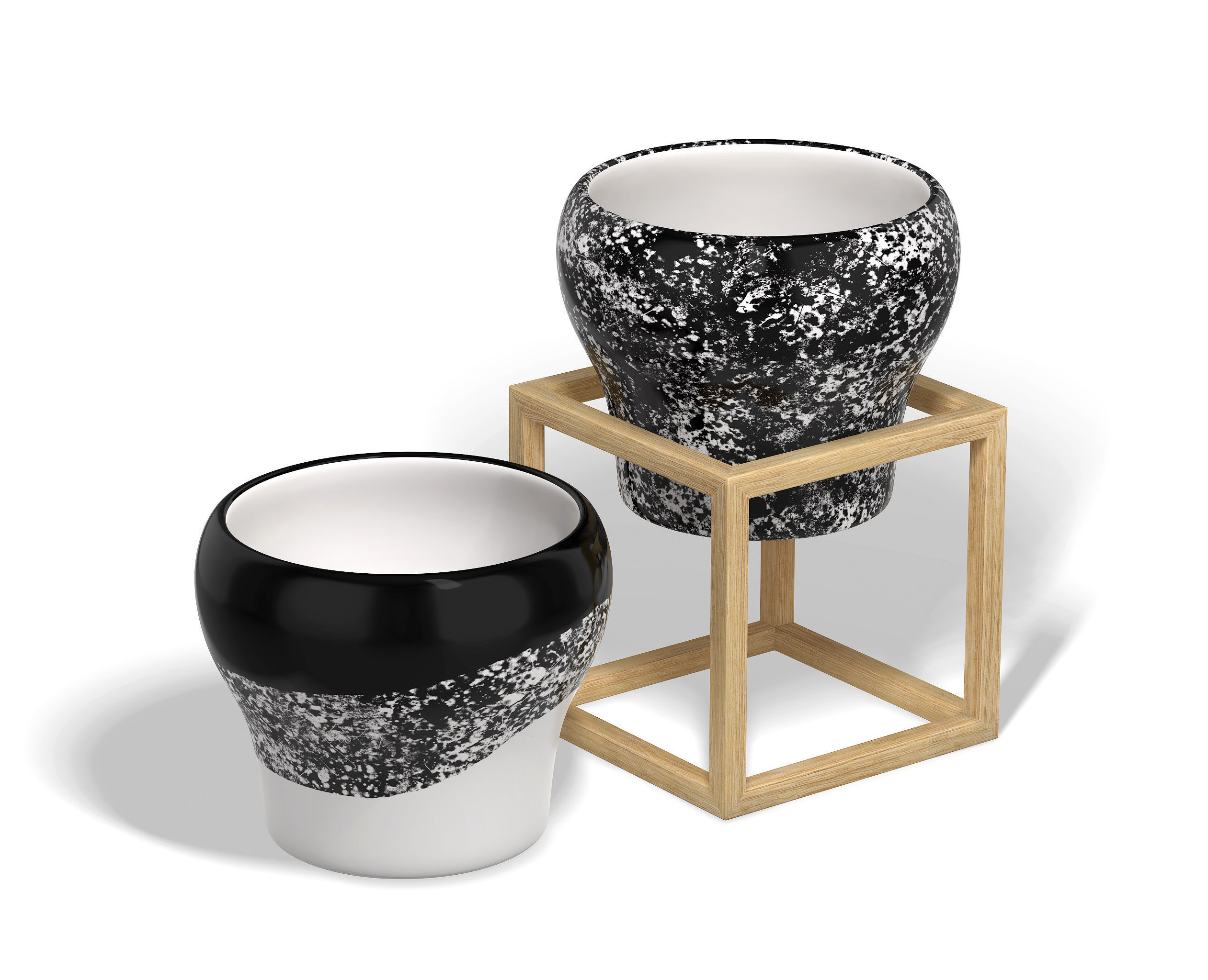 Flower Pot with a Wood Cube Frame 3D model_1