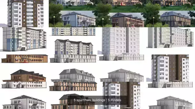 5 apartment buildings 3D Model Collection