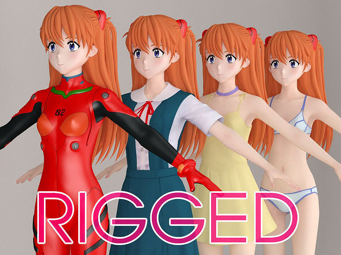 T pose rigged model of Asuka Langley Soryu anime girl 3D model