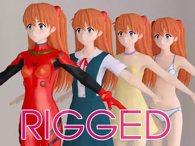 T pose rigged model of Asuka Langley Soryu anime girl 3D model