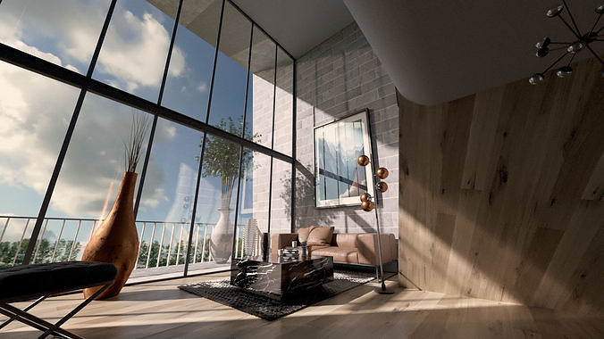 Modern Loft Living room interior 3D Model  Low-poly 3D model