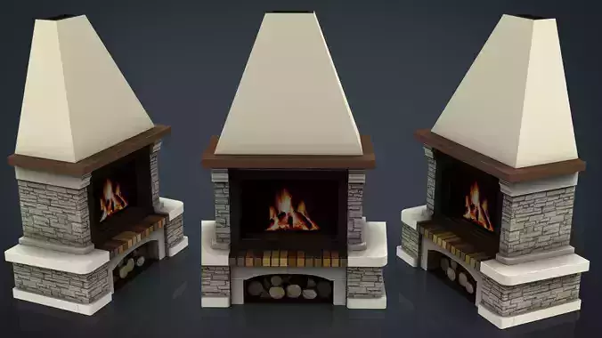 Fireplace with three chimneys Low-poly 3D model