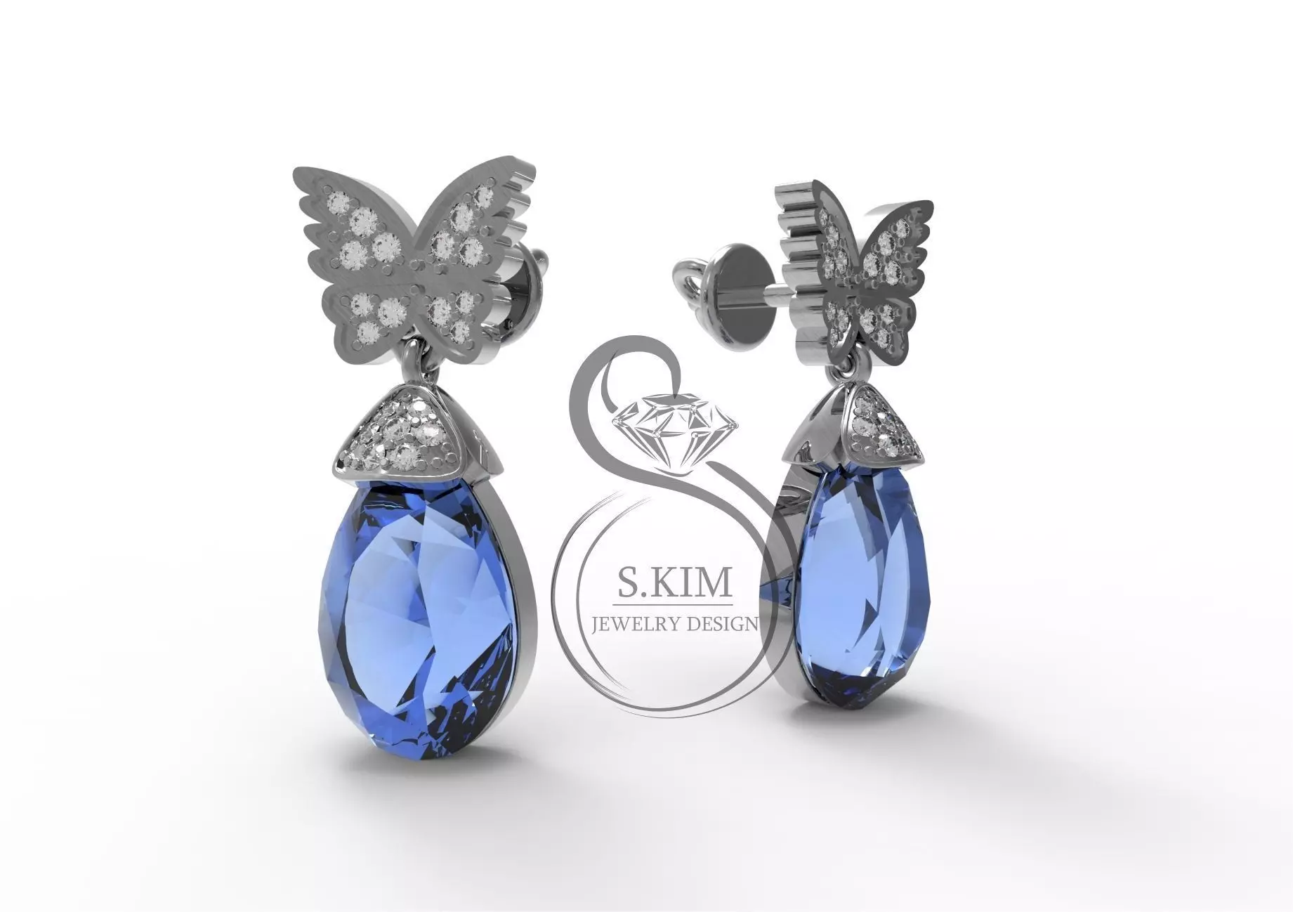 Butterfly earring with pear 16x11mm 3D print model_0