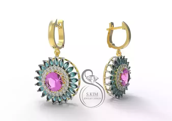 Flower earring with round gems and marquise