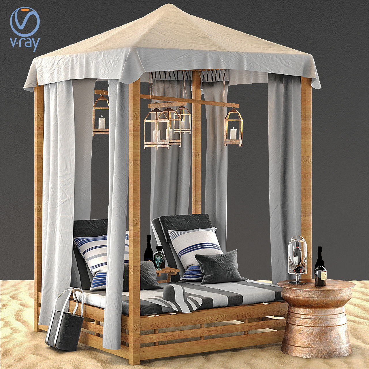 Beach Bed Set MALTA CANOPY DOUBLE CHAISE 3D model_2