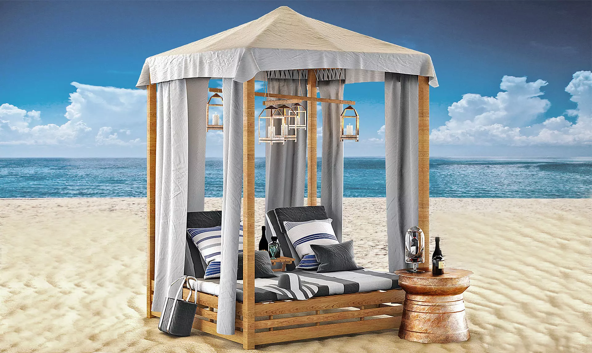 Beach Bed Set MALTA CANOPY DOUBLE CHAISE 3D model_0