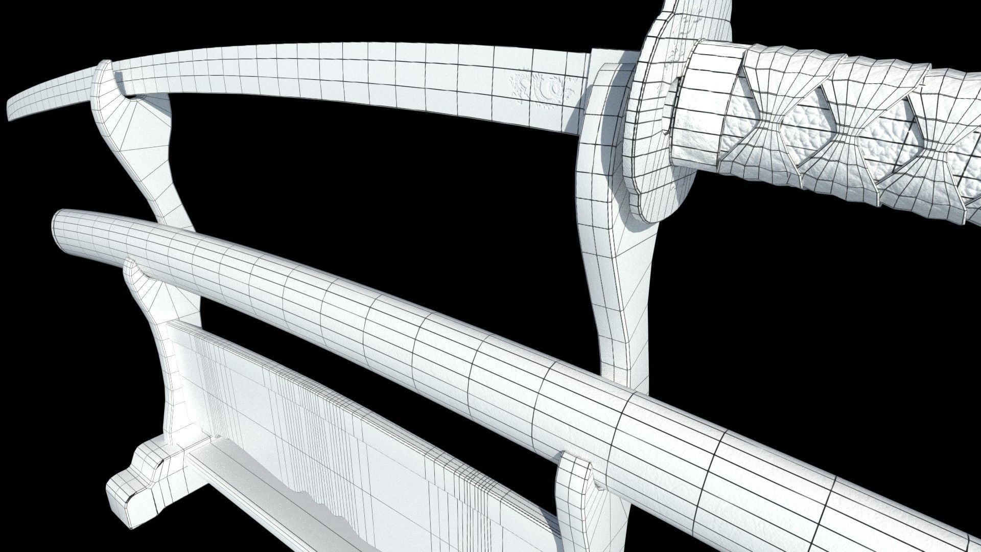 Katana Samurai Sword with Stand Low-poly 3D model_6