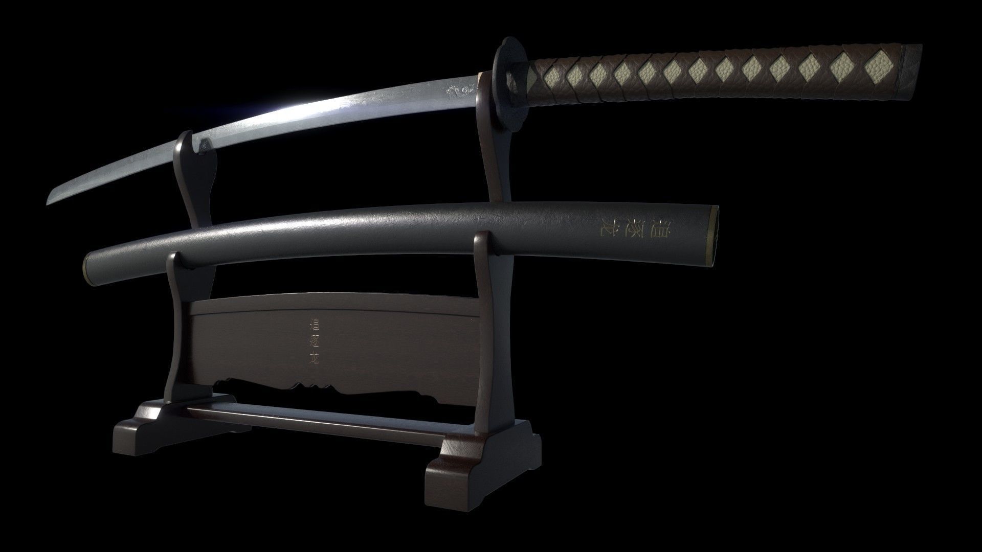 Katana Samurai Sword with Stand Low-poly 3D model_1