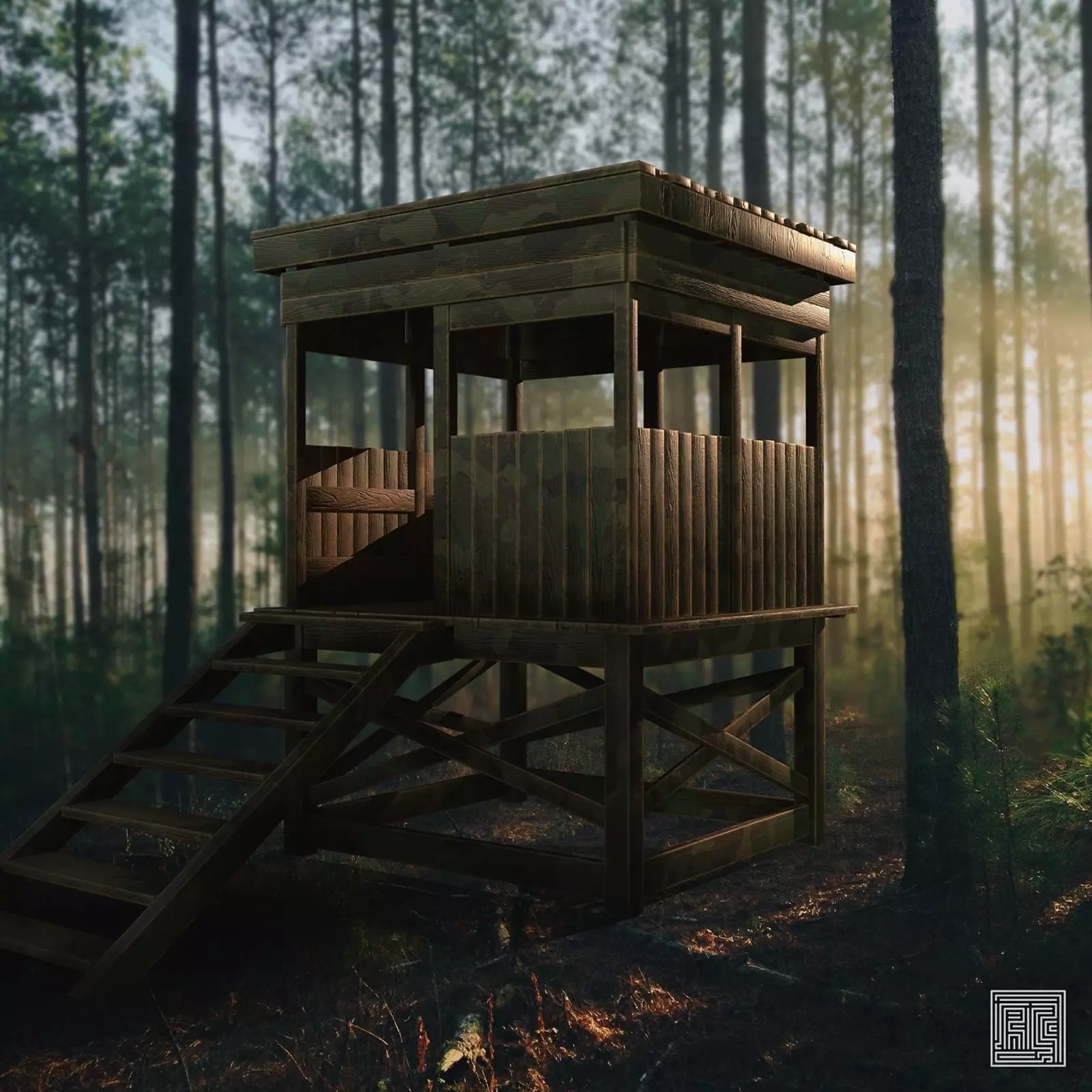 Watchtower - Hunter Cabin - Wood and Military Textures - RC -  Low-poly 3D model_0