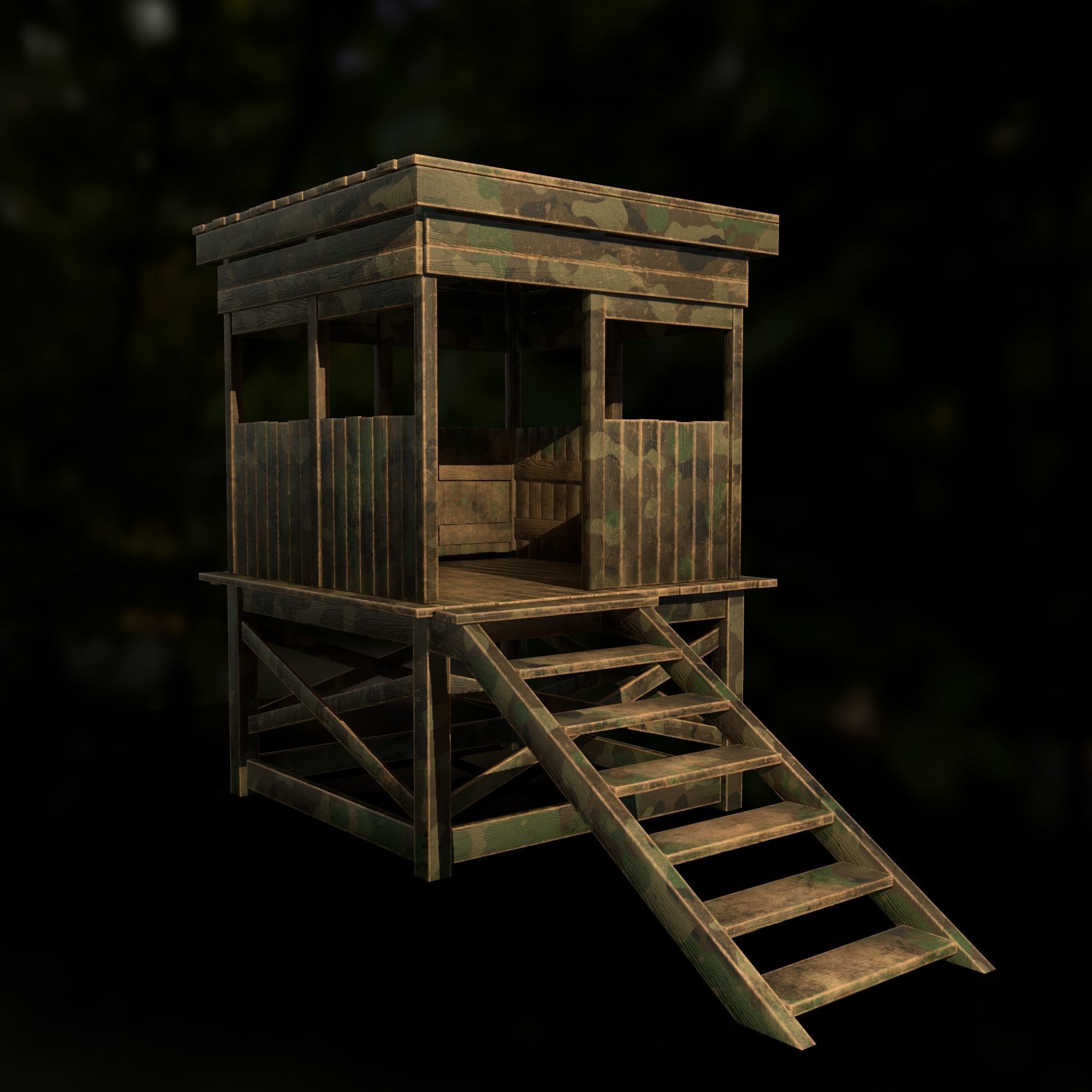 Watchtower - Hunter Cabin - Wood and Military Textures - RC -  Low-poly 3D model_30