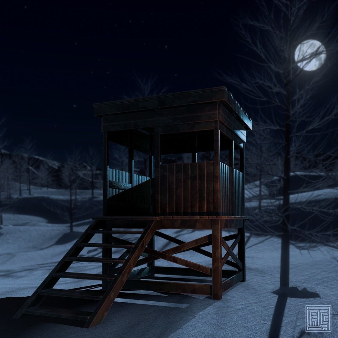Watchtower - Hunter Cabin - Wood and Military Textures - RC -  Low-poly 3D model_5