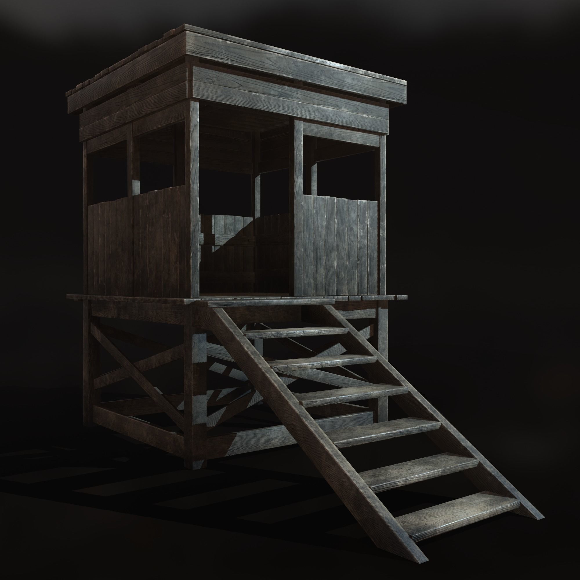 Watchtower - Hunter Cabin - Wood and Military Textures - RC -  Low-poly 3D model_12