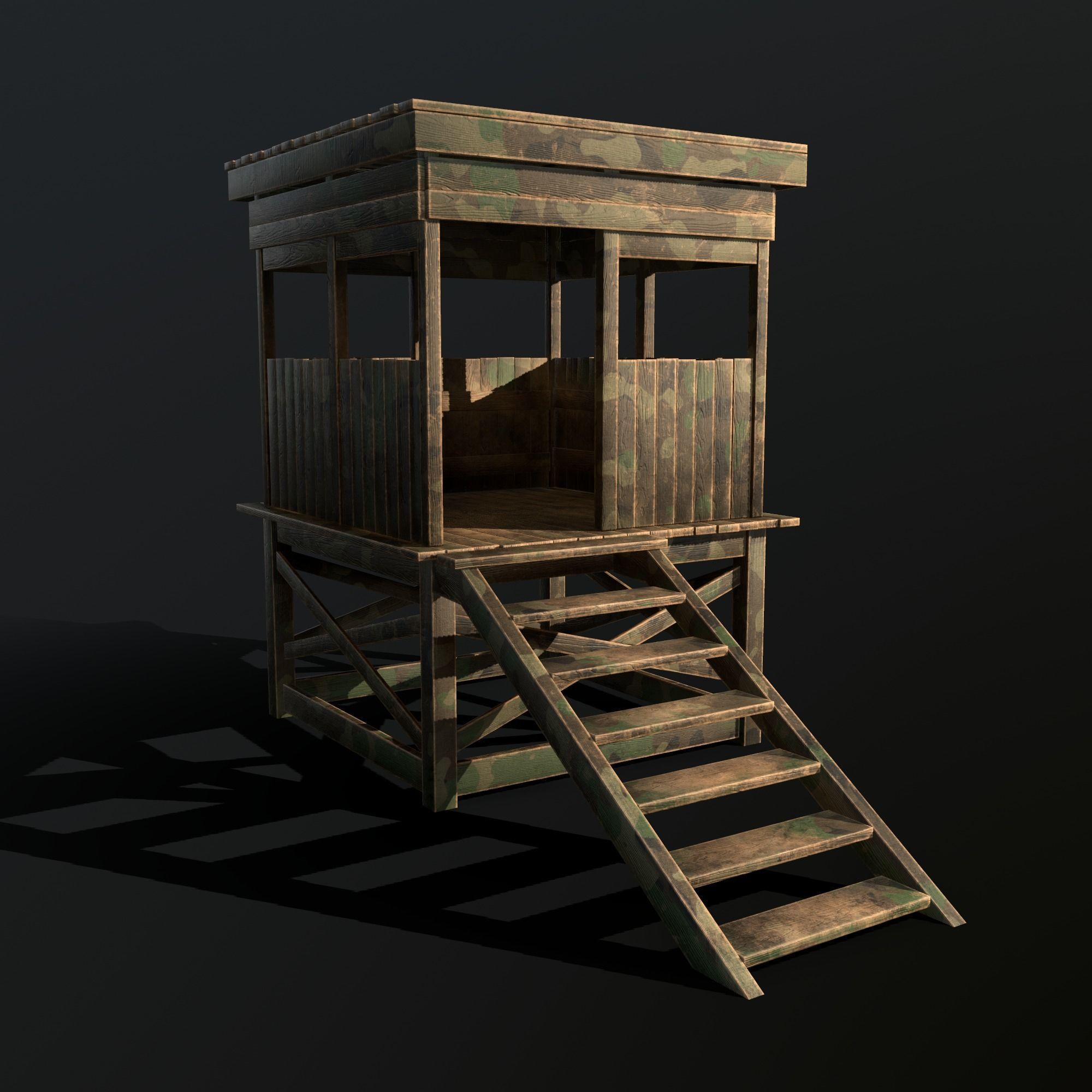 Watchtower - Hunter Cabin - Wood and Military Textures - RC -  Low-poly 3D model_6