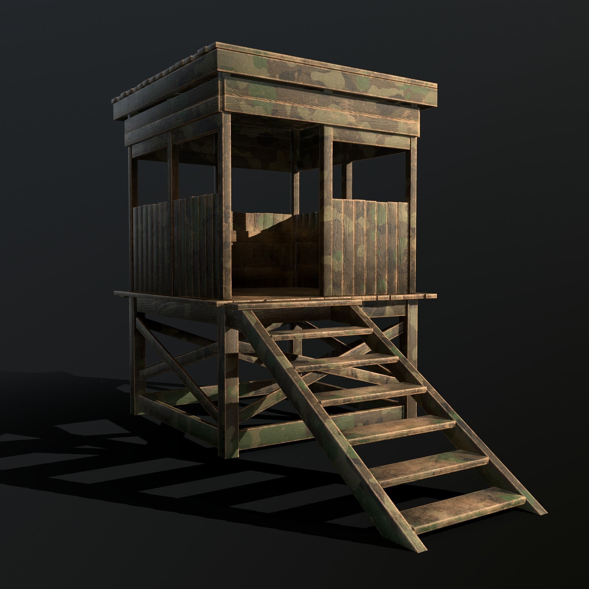 Watchtower - Hunter Cabin - Wood and Military Textures - RC -  Low-poly 3D model_3