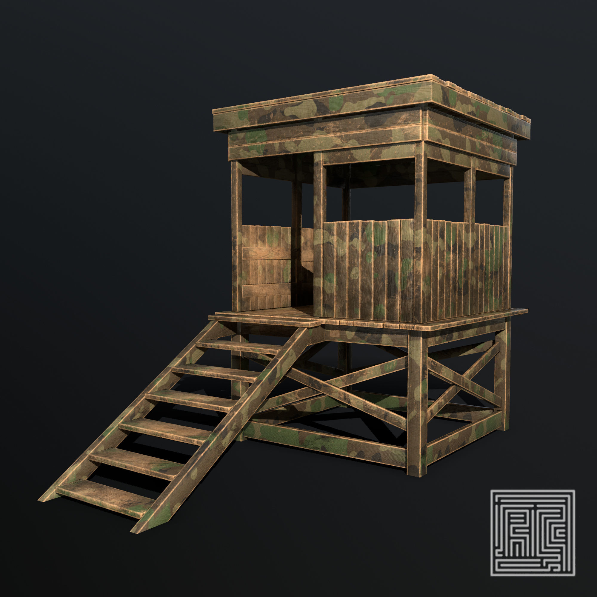 Watchtower - Hunter Cabin - Wood and Military Textures - RC -  Low-poly 3D model_10