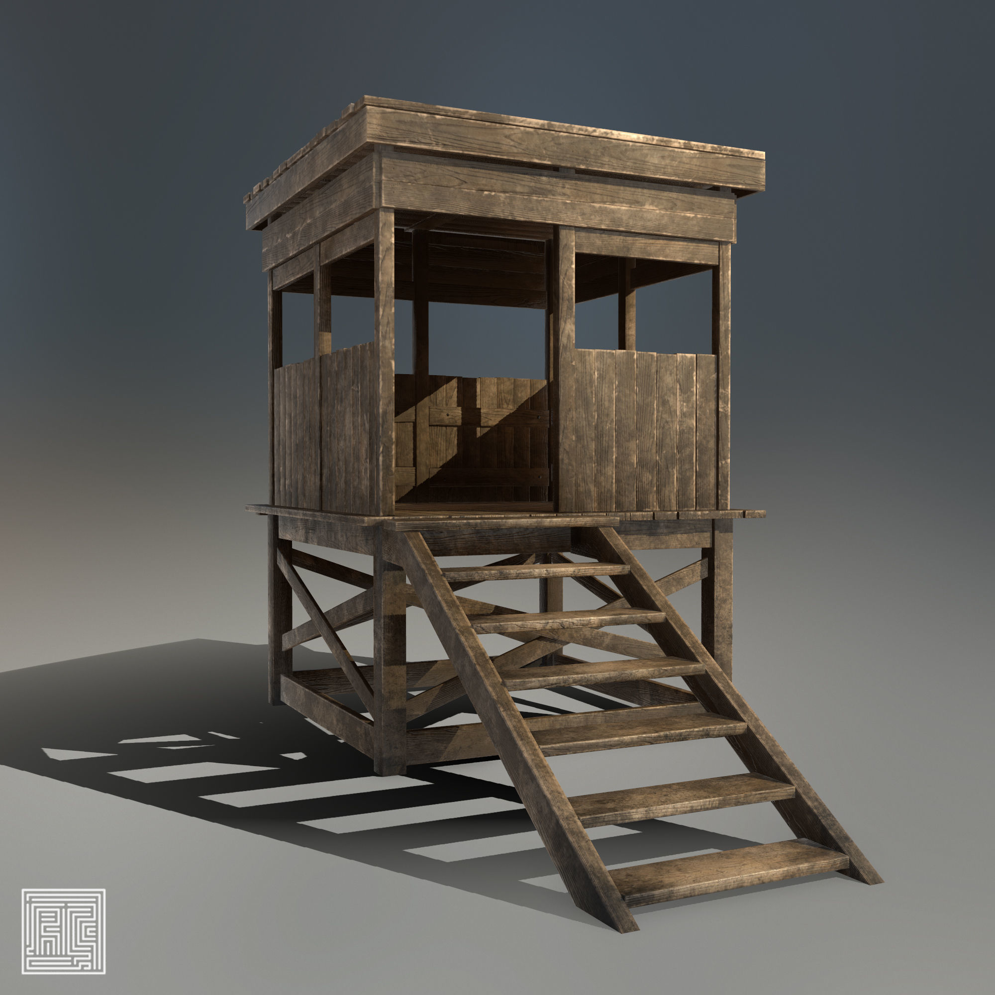 Watchtower - Hunter Cabin - Wood and Military Textures - RC -  Low-poly 3D model_4