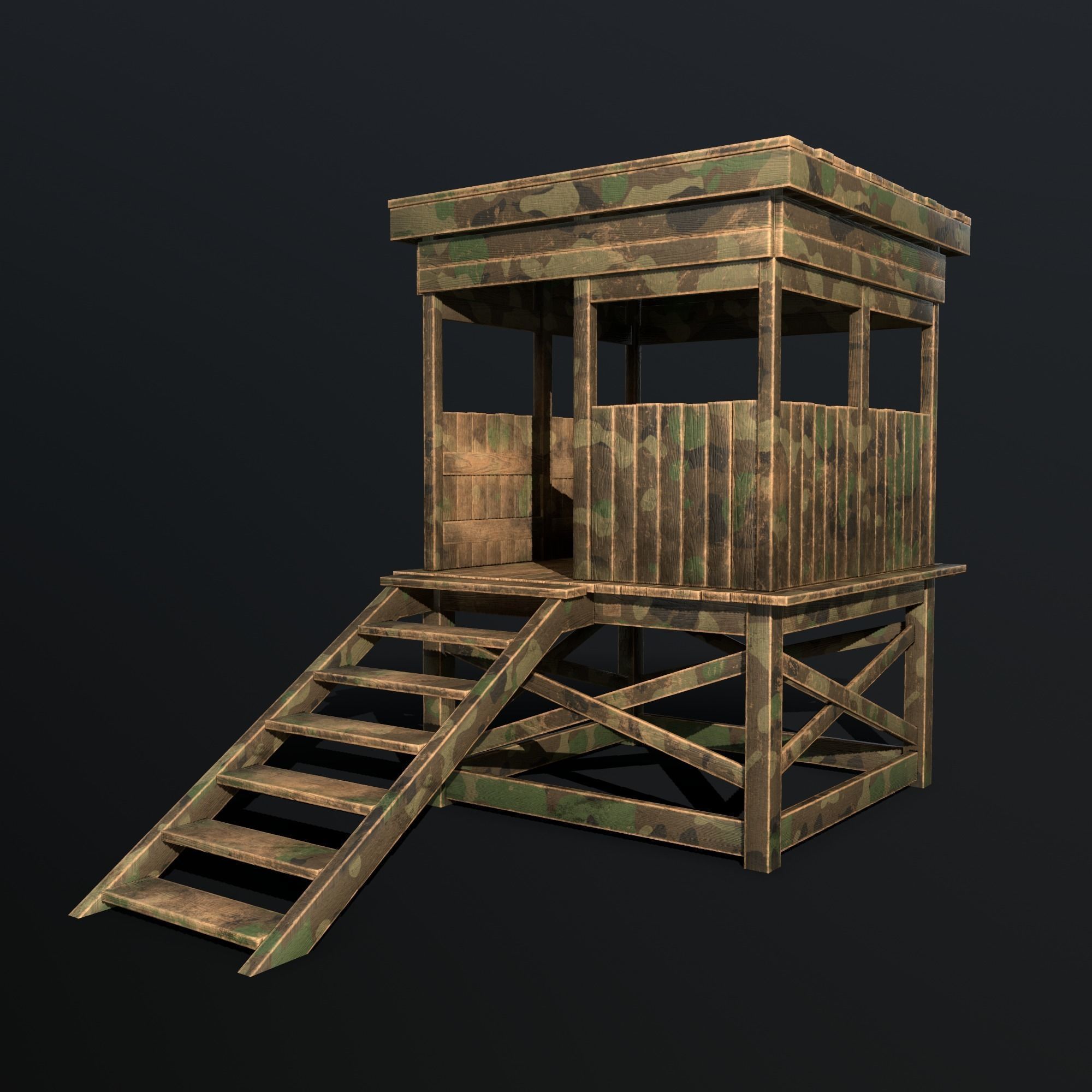 Watchtower - Hunter Cabin - Wood and Military Textures - RC -  Low-poly 3D model_21