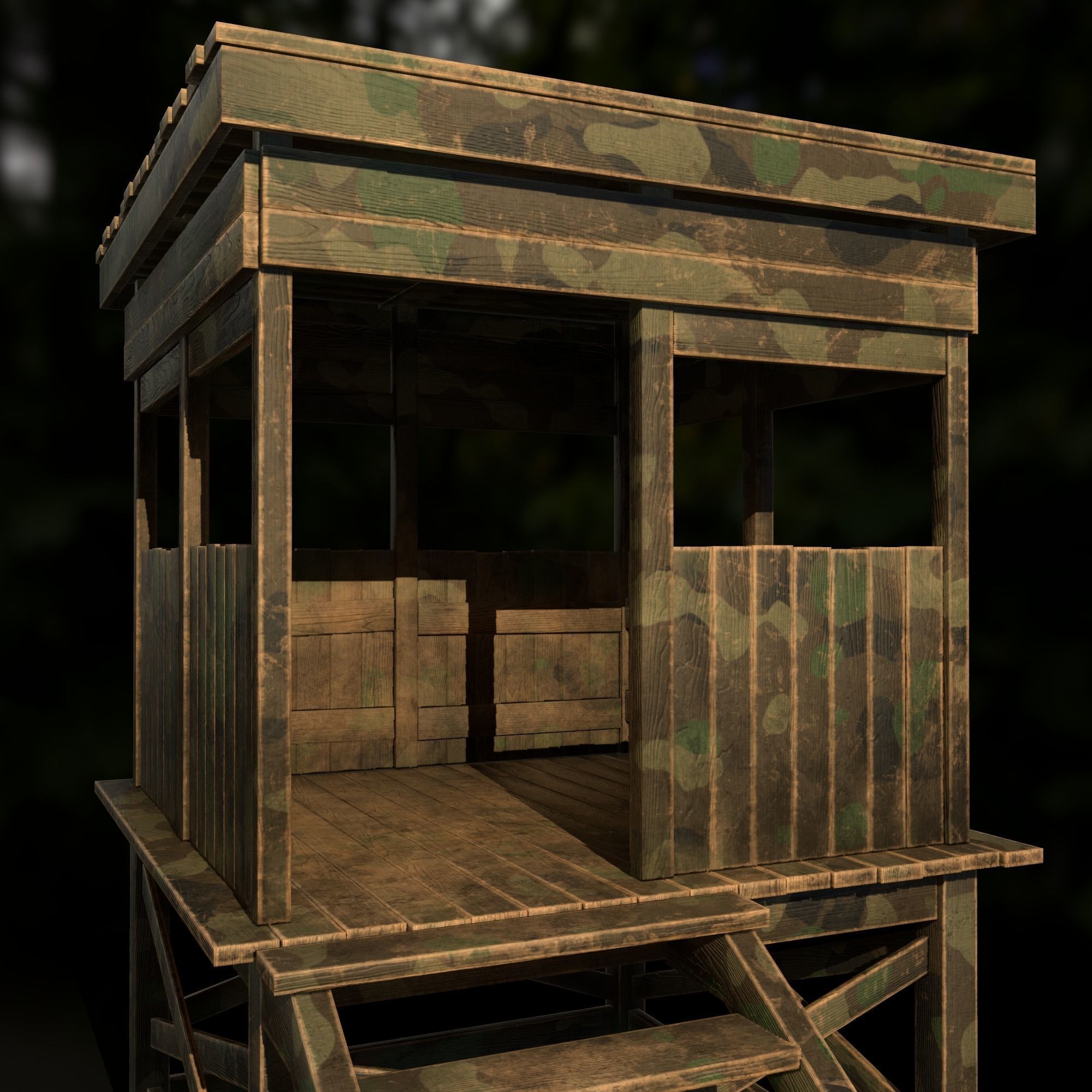 Watchtower - Hunter Cabin - Wood and Military Textures - RC -  Low-poly 3D model_32