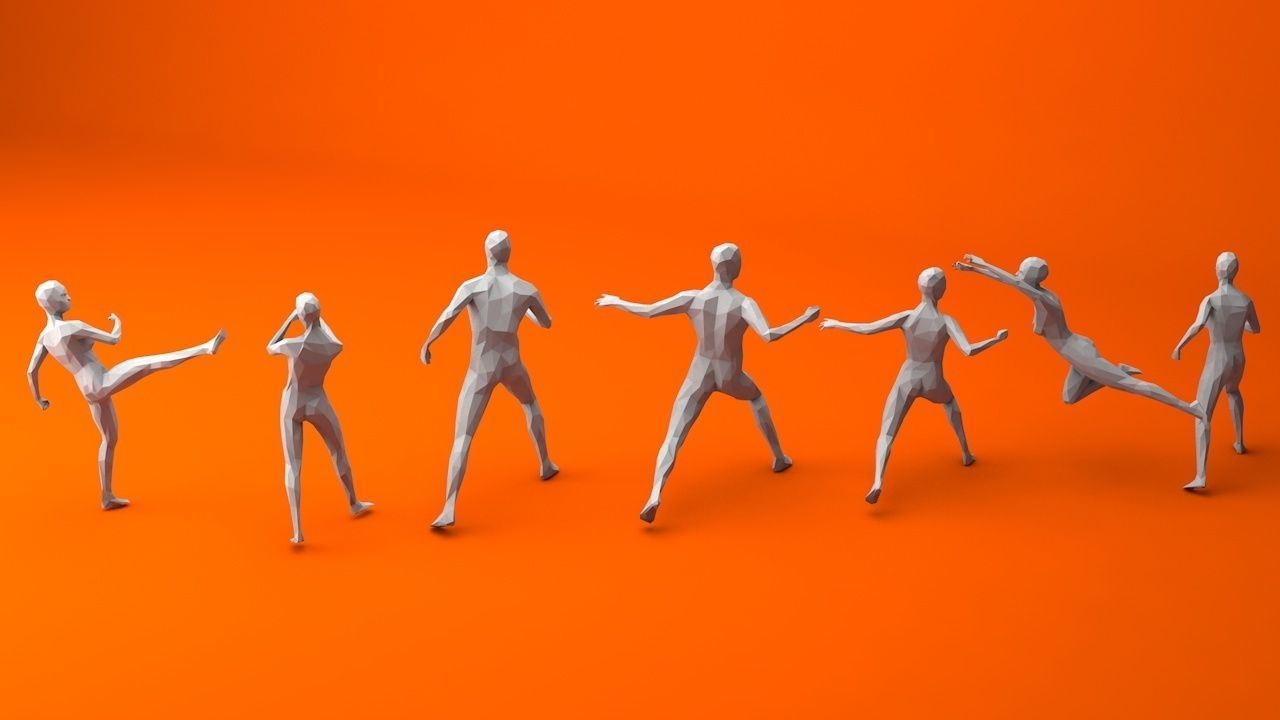 7 Fighting Moves Lowpoly People Minimalist Low-poly 3D model_4