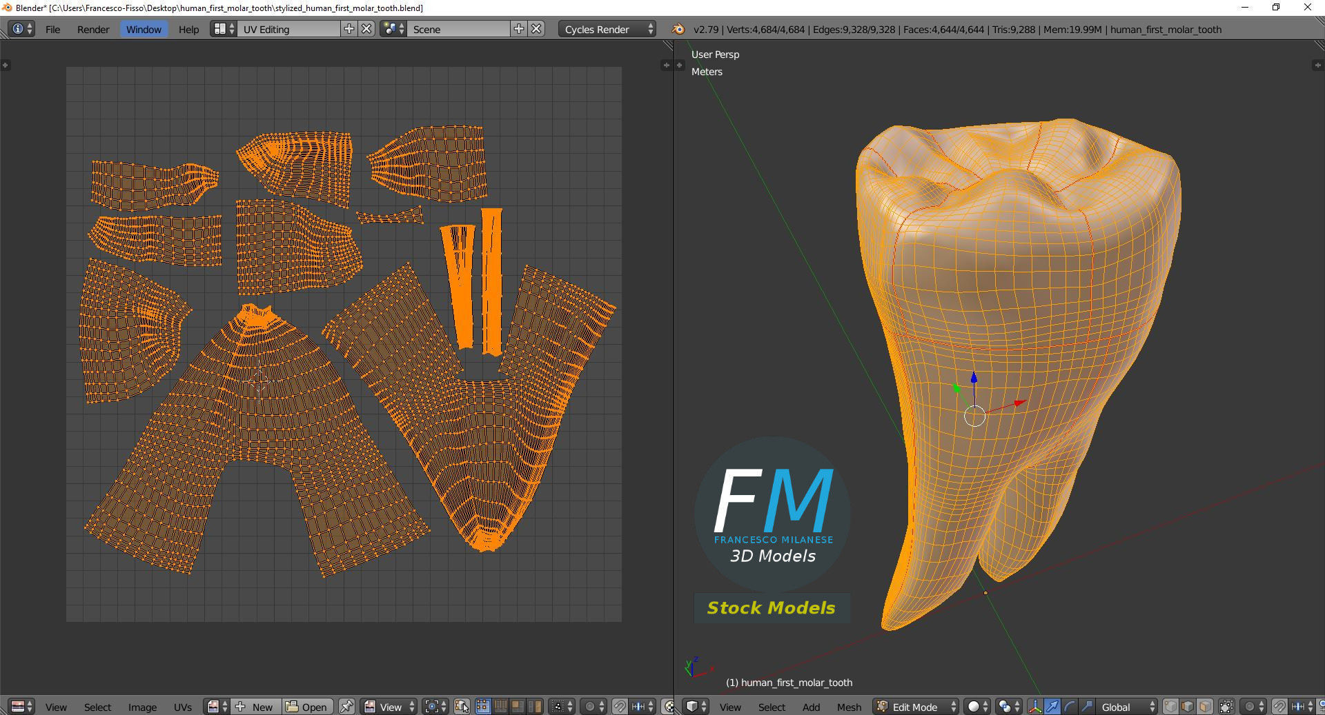 Stylized human first molar tooth Low-poly 3D model_10