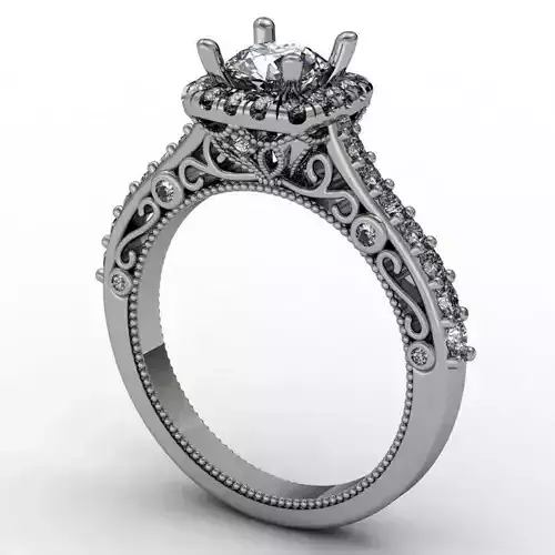 Cushion halo engagement ring with pattern on side of shank