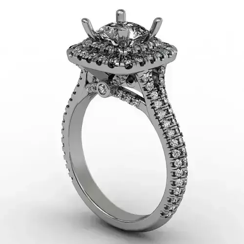 Double cushion halo engagement ring with knife edge shank