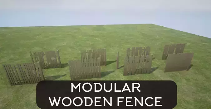 Modular Wooden Fence Low-poly 3D model