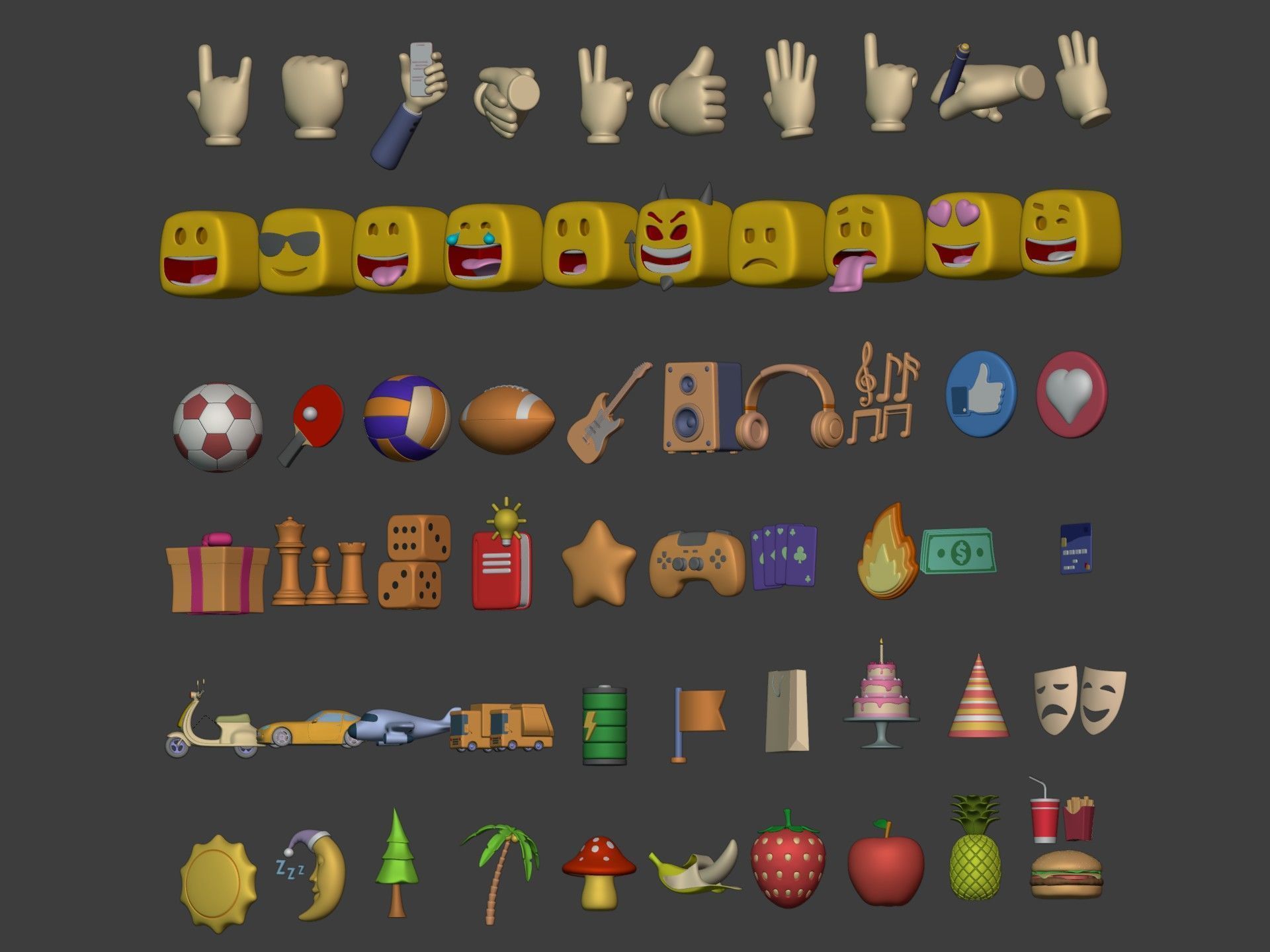 Cartoon Hand - Icon Pack - Smiley Sun Game Car Airplane Ball Low-poly 3D model_3