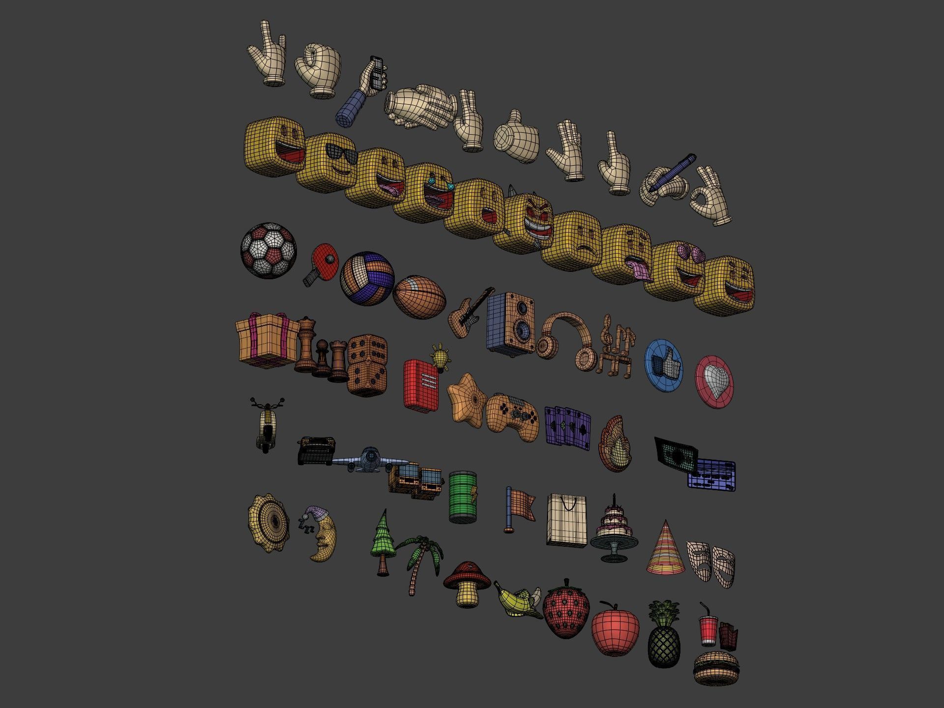 Cartoon Hand - Icon Pack - Smiley Sun Game Car Airplane Ball Low-poly 3D model_6