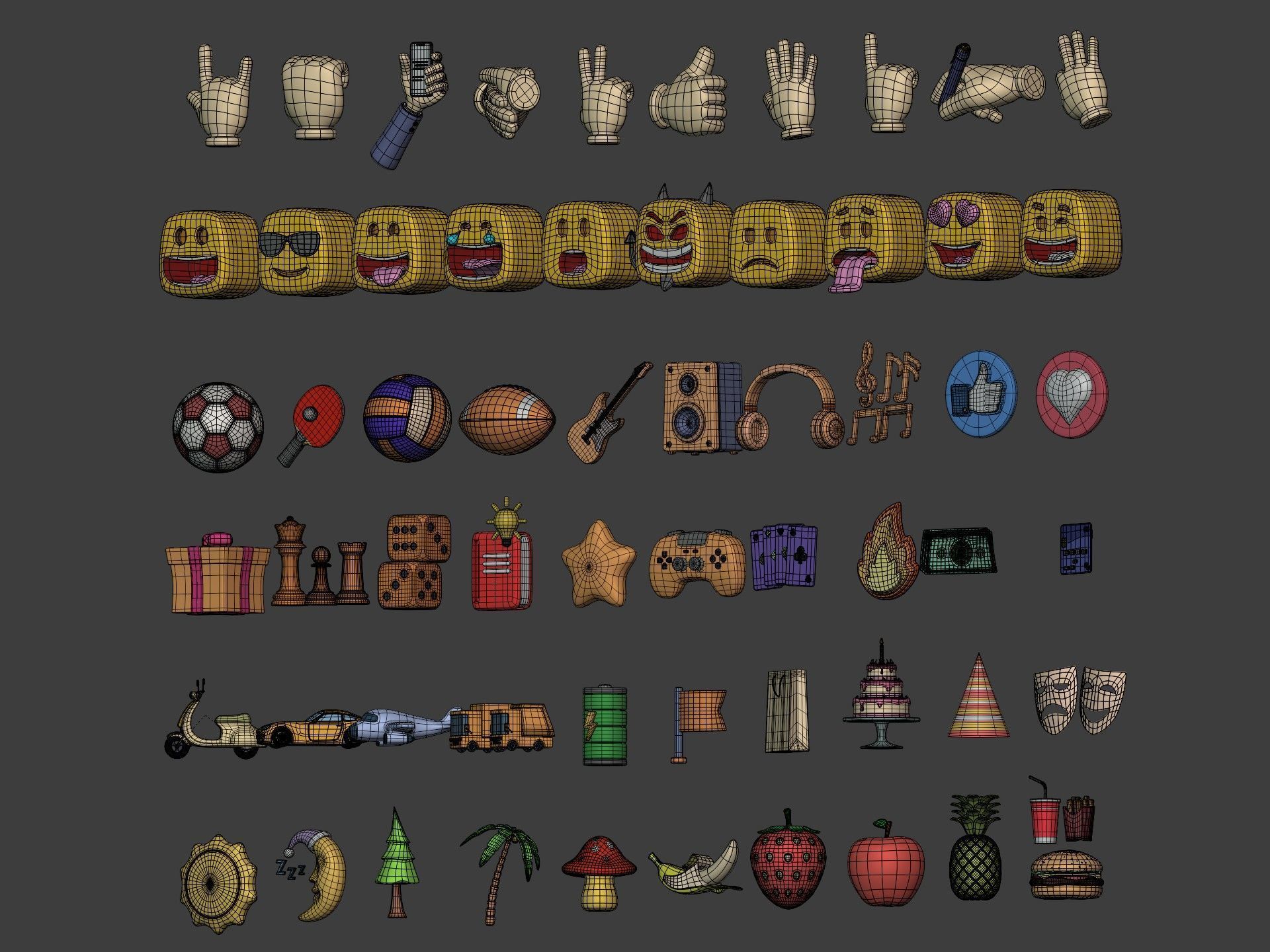 Cartoon Hand - Icon Pack - Smiley Sun Game Car Airplane Ball Low-poly 3D model_4