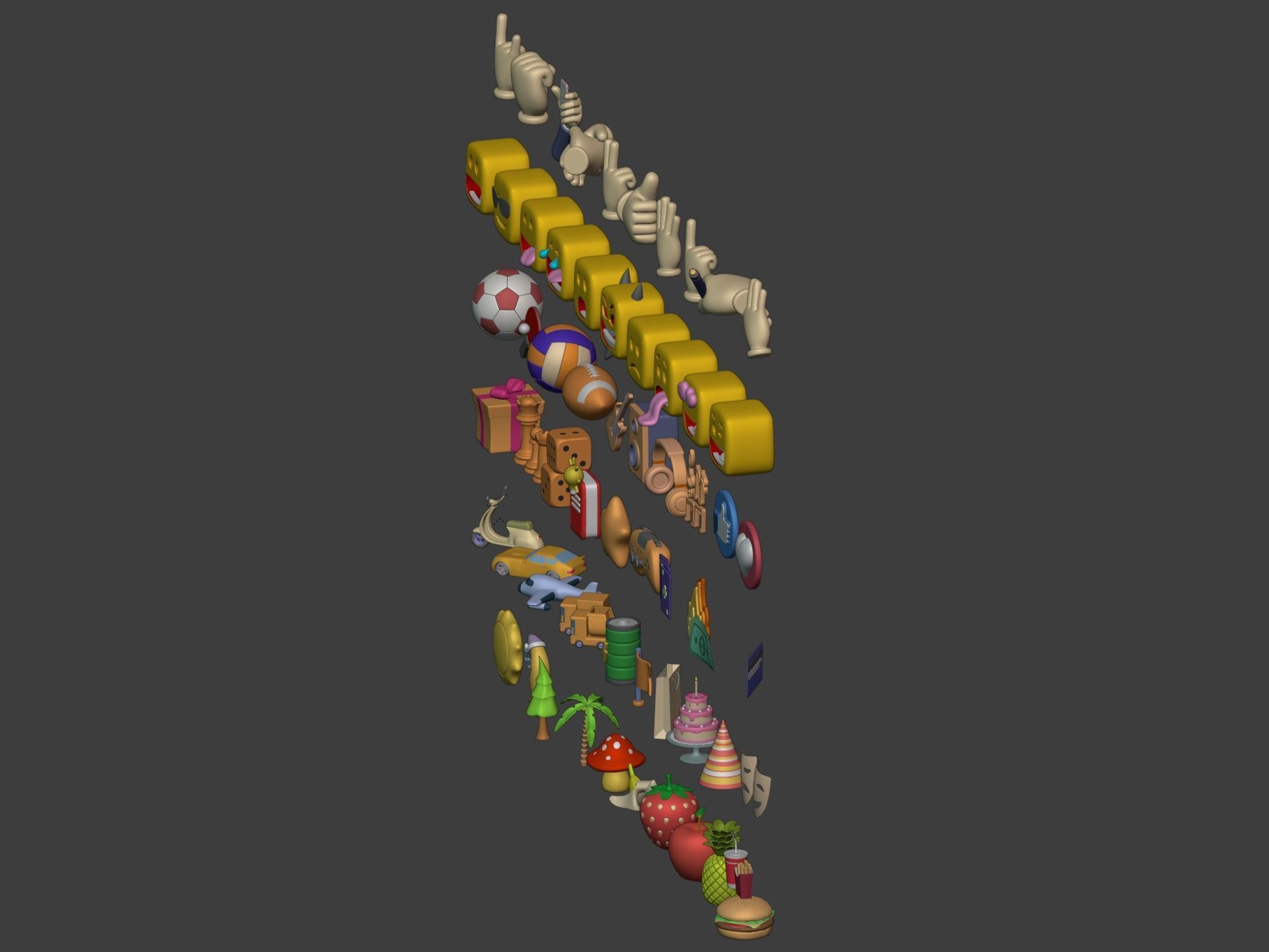 Cartoon Hand - Icon Pack - Smiley Sun Game Car Airplane Ball Low-poly 3D model_7