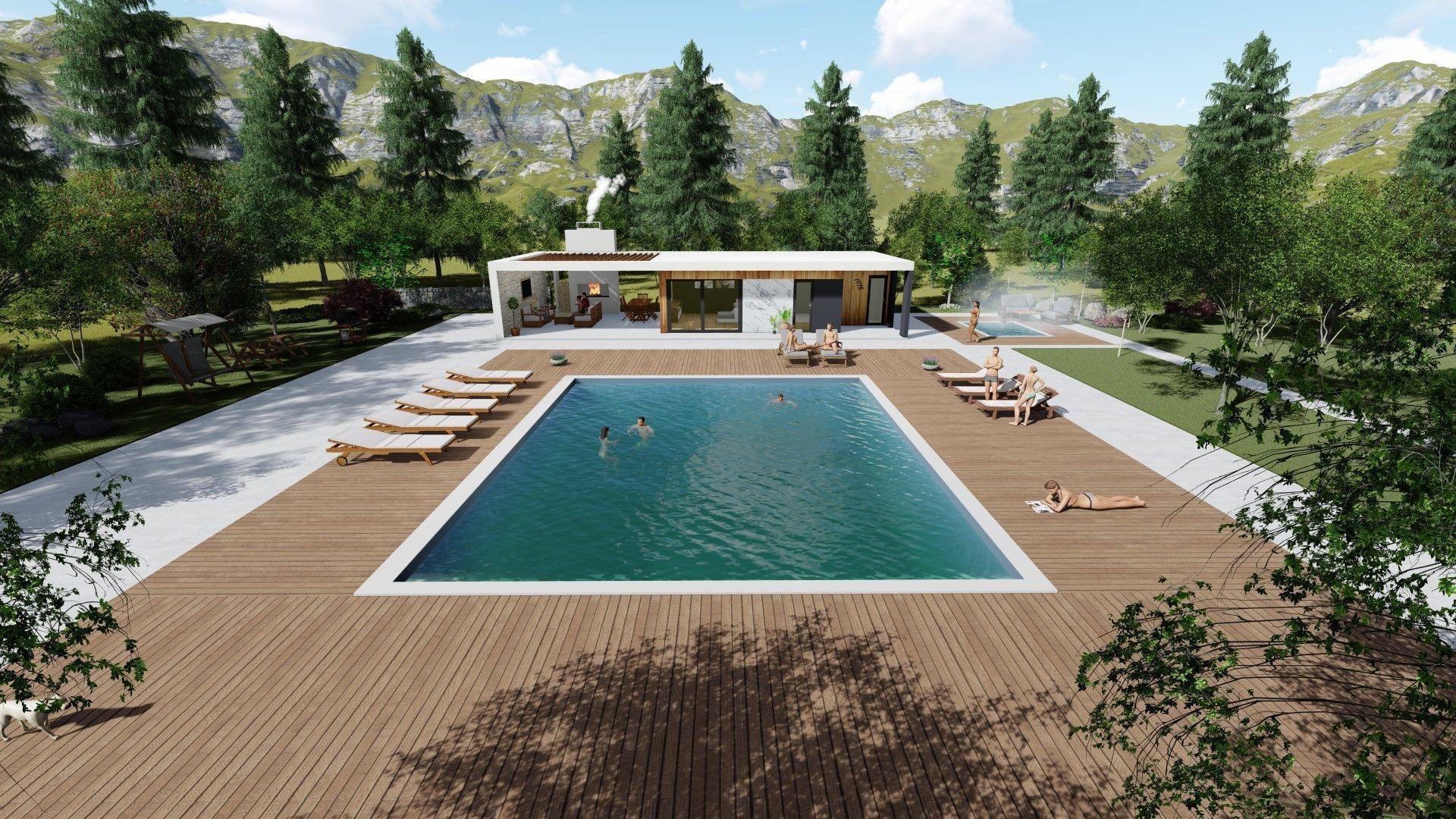 modern house with swimming pool and fireplace 3d model exterior Low-poly 3D model_7