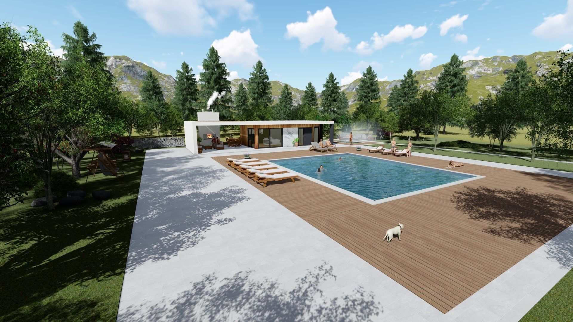 modern house with swimming pool and fireplace 3d model exterior Low-poly 3D model_4
