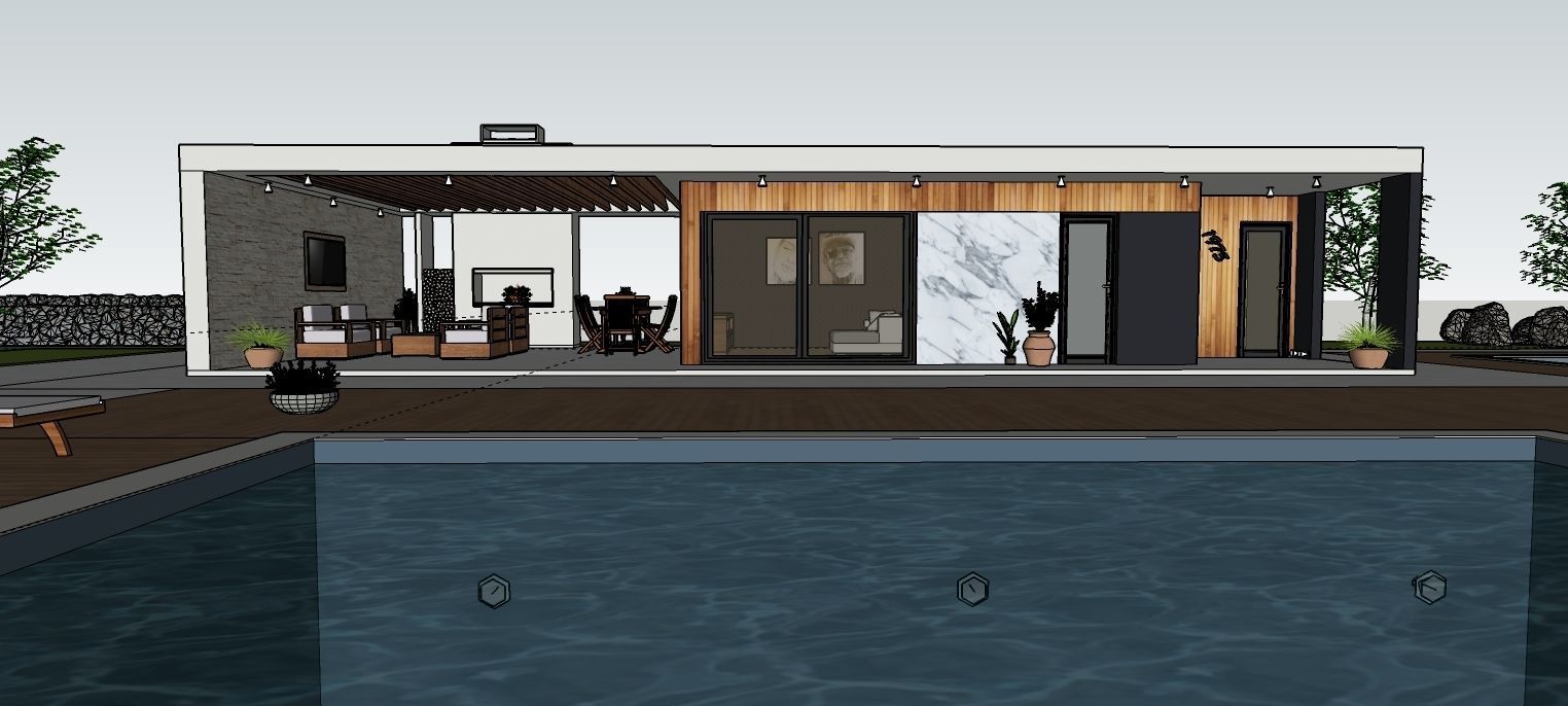 modern house with swimming pool and fireplace 3d model exterior Low-poly 3D model_8