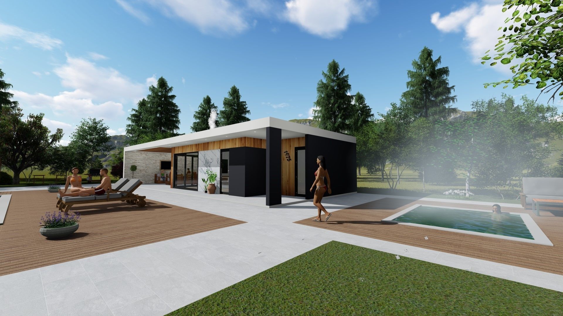 modern house with swimming pool and fireplace 3d model exterior Low-poly 3D model_3